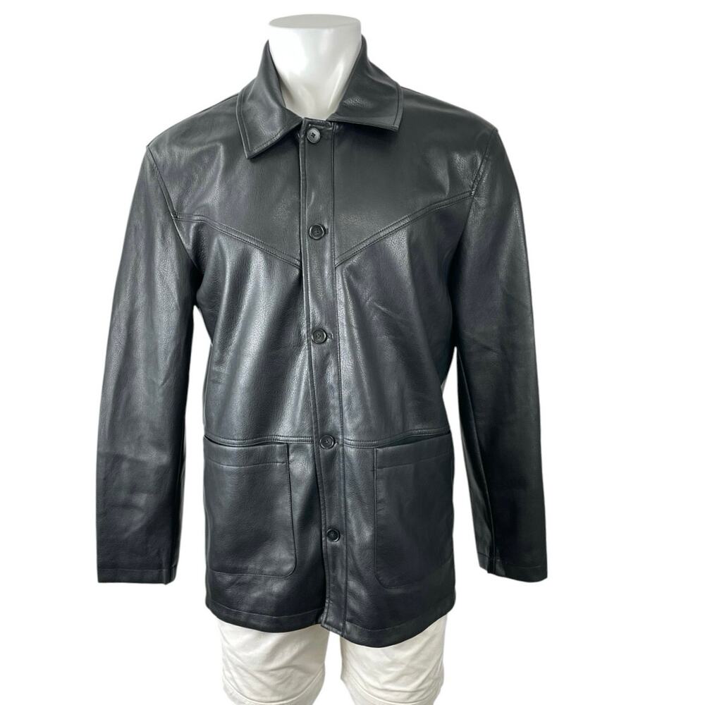 Urban Code Men's Black Faux Leather Vegan Button Up Pocket Coat Jacket Size L